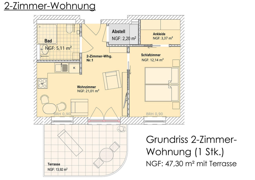 Visualisierung - Grundriss 2-Zimmer-Appartment (EG)
