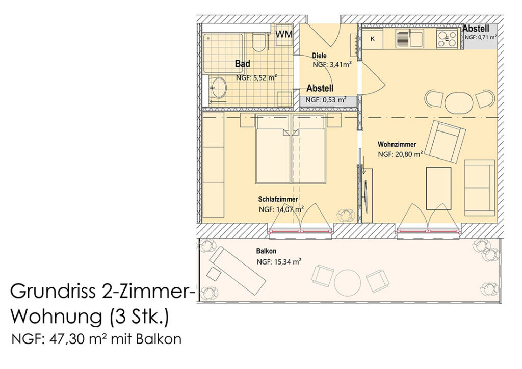 Visualisierung - Grundriss 2-Zimmer-Appartment (OG)