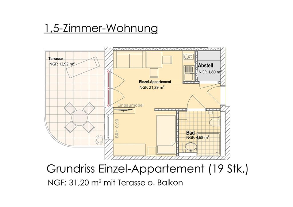 Visualisierung - Grundriss 1,5-Zimmer-Appartment (EG)